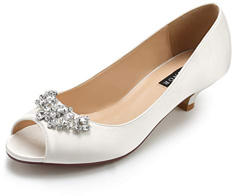 ERIJUNOR E0111 Women Comfort Low Kitten Heels Rhinestones Peep Toe Wedding Bridal Shoes Flats Ivory Size 8.5