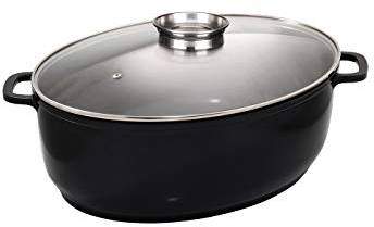 Baumalu, Cocotte Ovale Jumbo en Fonte d'Aluminium Noir, 43 x 33 x 138 cm, Revêtement Anti-Adhérent, Couvercle en Verre avec Bouton Arome, Résistante au Four jusqu'à 240°C, Tous Feux et Induction