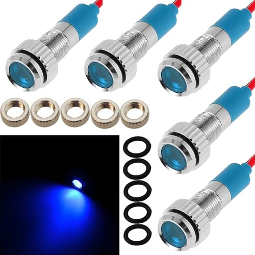 CESFONJER 5 pcs 6mm 1/4 LED Metal Indicator Light 12V Waterproof Signal Lamp Pilot Dash Directional Car Truck Boat with Wire (Blue color)