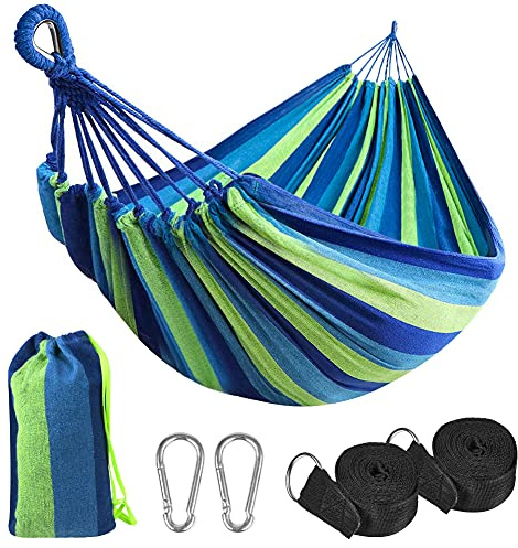 flintronic Camping Hammock Outdoor, 210 x 150 cm Lightweight Cotton Hammock, Load Capacity up to 300 kg, Portable and Durable for Patio, Yard, Camping, Travel, Beach (Included Carrying Bag) #1 Blue