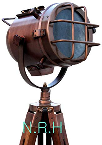 hecho a mano cobre lámpara de pie con trípode de madera portátil oficina iluminación decoración marina baja lámpara de pie luz de búsqueda decoración del hogar