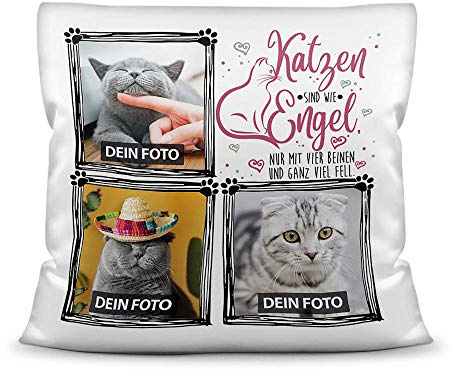 Print Royal Kissen inkl. Füllung mit Spruch - Katzen sind wie Engel - zum selbst Gestalten mit DREI Wunschfotos für den Katzenfreund, Kissen Polyester - Weiß, 40 x 40 cm