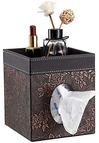 Sumnacon Leather Square Tissue Box Cover - Decorative Cube Tissue Box Holder with Tray, Stylish Facial Tissue Holder for Bathroom Vanity Dresser Table Home Office Bar, Brown Flower