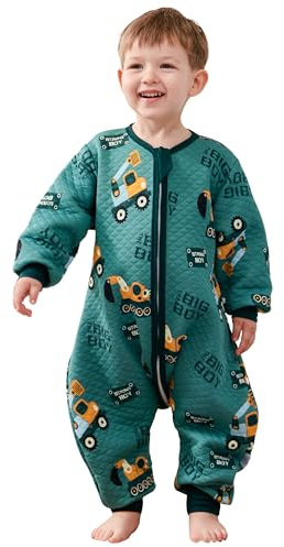 LILBESTIE Kleinkind Schlafsack, Babyschlafsack aus Weicher Baumwolle mit Füßen 1,5 TOG, Tragbare Decke mit Langarm Schlafsack für Alle Jahreszeiten (Baggerr, 3-5.5 Jahre)