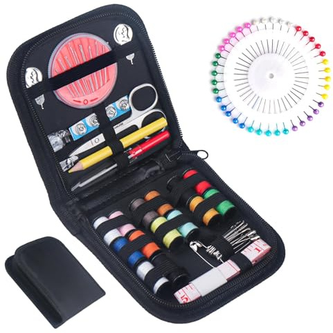 JANREAY Kit de couture avec 94 accessoires de couture, kit de couture de voyage pour débutants, rouleaux de fil, aiguilles à coudre, fil, dé à coudre, mètre ruban, etc
