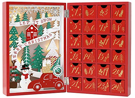 PE Weihnachten Adventskalender Holz mit 24 Schubladen -Beleuchteter Weihnachtskalender mit Dorf Szene - Weihnachtsdeko zum Befüllen-Perfekt Weihnachtsgeschenke für Kinder & Erwachsene (Rot)