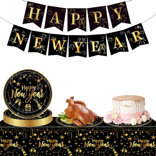 Happy New Year Party Tableware Banner Paper Plates Set, Black Gold Glitter 2026 New Years Eve Party Bunting, New Year Eve Paper Plates Tableware Decoration