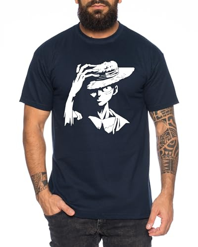 Ruffy Serious - T-Shirt Homme Chapeau de Paille Luffy Zoro One Monkey D. Pirate Ace Piece Goku Anime Ruffy, Taille:L, Couleur:Bleu foncé