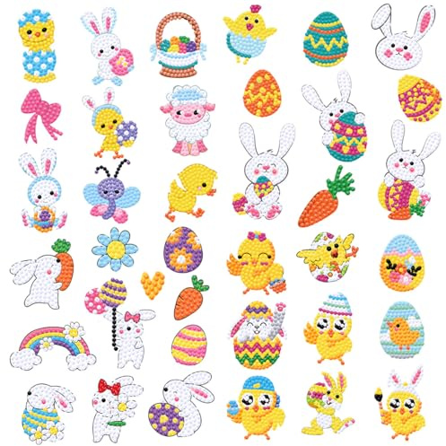5D Diamond Painting Set, 36 Stück DIY Kinder DIY Ostern Diamond Painting Kit Ei Kaninchen Küken DIY Geschenke für Kinder