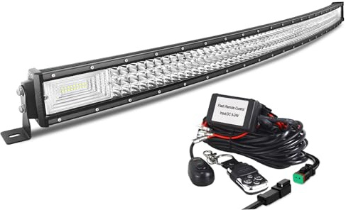 AUXTINGS 127 cm Courbé Barre Lumineuse 648W Feux Antibrouillard LED avec 12V télécommande stroboscopique Kit de câblage 6000K 3 Rangées Etanche LED Projecteur pour Voiture Camion Tracteur,IP67