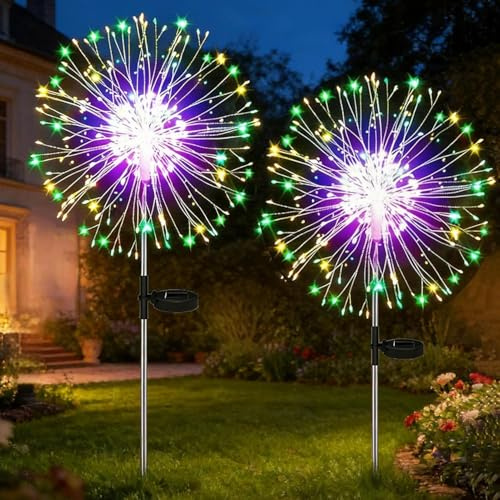 yowin Solarlampen für Außen Garten 2 Stück 150 LED Solarleuchten Gartenstecker, IP65 Wasserdicht Pusteblume Gartenleuchten 8 Modi Feuerwerkslichter für Balkon Blumenkästen Terrasse Deko - Mehrfarbig