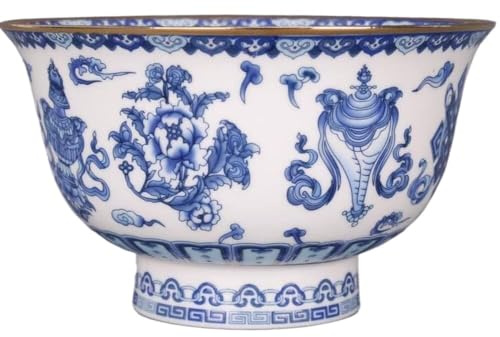 VhoMes Porzellan Dessert Schüsseln Obst Cornflakes Schale Keramik chinesische alte Palast Stil Reis Porridge Suppe Schale 12.2cm Blau Weiß Acht Schätze Muster Dekor