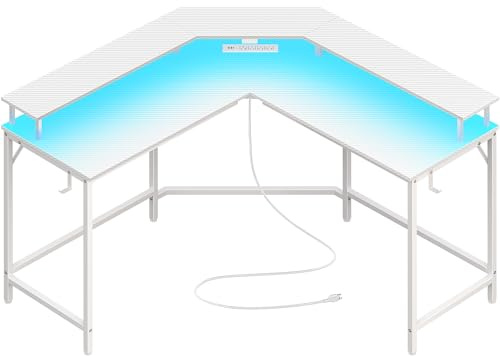 Huuger L Shaped Gaming Desk with Power Outlets & LED Lights, Computer Desk with Monitor Shelves, Carbon Fiber Surface, Home Office Desk, Corner Gaming Desk with Hooks, Carbon Fiber White