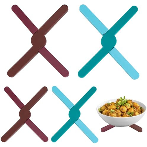 QWORK® 4 Stück Topfuntersetzer, Faltbare Untersetzer Hitzebeständiger Silikon-Untersetzer, Untersetzer für Heiße Pfannen, für Tassen, Geschirr, Teller