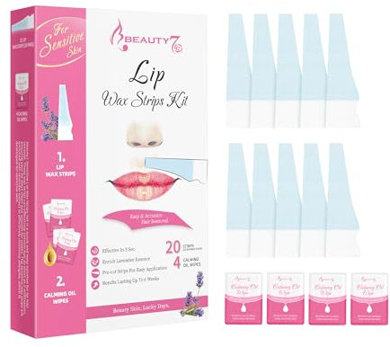 Beauty7 Wax Strips for Sensitive Lips and Face - 20 Strips + 4 Post Wax Calming Oils, Quick Hair Removal in 3 Secs