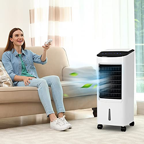 GYMAX Condizionatori a Evaporazione, Timer e Telecomando, 7L, 3 Modalità e 3 Velocità, Raffreddatore d'Aria Portatile senza Tubo, Climatizzatore Evaporativo, Ventilatore, 30 x 27 x 74 cm, Bianco