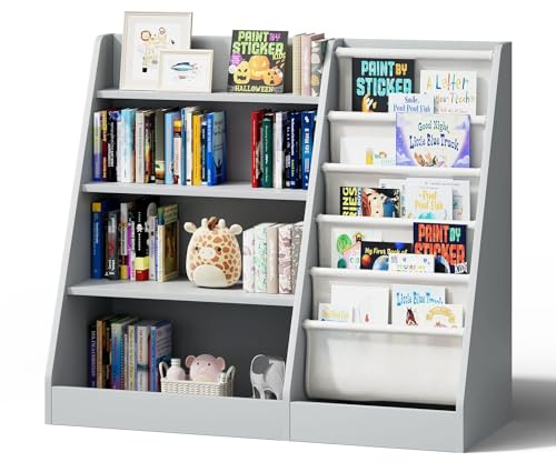 NACHES Kinderregal Bücherregal für Kinder, 90x40x80cm, Schlafzimmer (Grau) | mit 5 Ablage und 4 offenen Fächern, aus Holz, Spielzeugregal, Spielzeug-Organizer für Kinderzimmer, Wohnzimmer