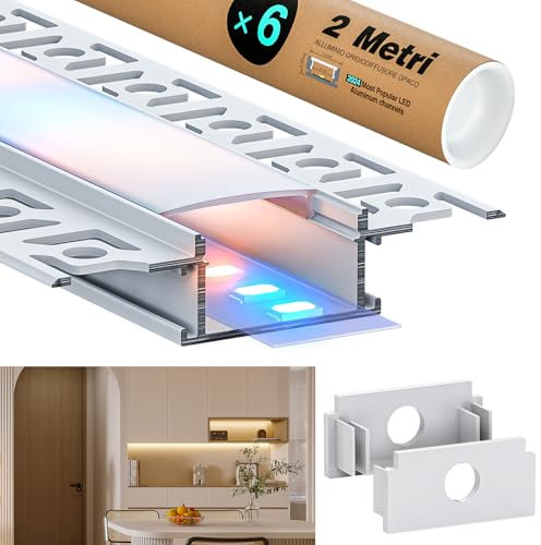 LASLUX LED Aluminium Profile Streifenprofile, 6 X 2 Meter U-Form LED-Kanäle, für den Einbau in Decken und Wände, mit milchigem Diffusor und Montagematerial