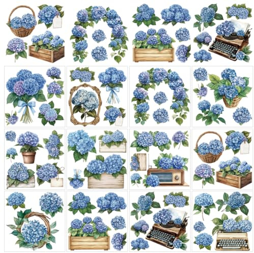 arricraft 12 fogli di Trasferimento di Ortensia Blu per Artigianato, adesivi per mobili In PVC con Bouquet di Ortensie Blu, per Fai Da Te, Mobili per La Casa, Finestre, Legno, 14x14cm