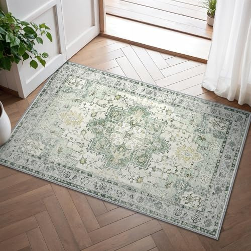 GENIMO Small Rug 60x90cm Boho Sage Washable Non-Slip Vintage Carpet Area