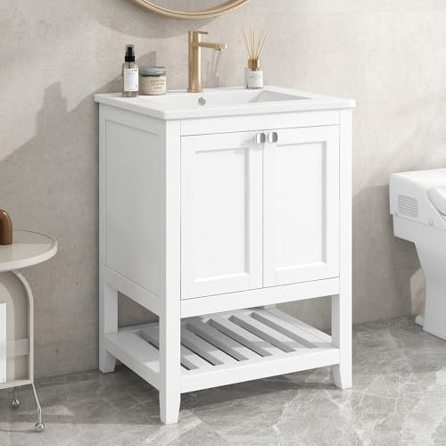 SHUGUANG Mobile Bagno con Lavabo, Mobile Lavabo 60 cm con Lavabo in Ceramica, Mobile Bagno con 2 Ante e Ripiano Aperto, Tanto Spazio Contenitivo, Mobili Bagno, Grigio Chiaro/Bianco/Blu, 61x46x90 cm