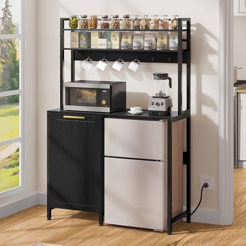 DWVO 63 Tall 39.4 Wide Fridge Stand with Tilt Out Trash Can Fit 10 Gallon, Mini Storage Bakers, Kitchen Rack with Power Outlets Freestadning Coffee Bar Cabinet 3-Tiers Coffee Stand Station Black