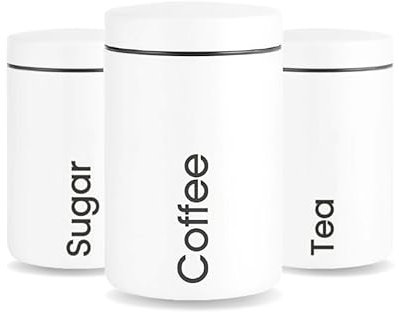 BioServe Creations Stainless Steel Canister with Spoon Set of 3 – Airtight Seal, Elegant Design, 1000ml Capacity, 10x15.5 cm, Easy-Open & Versatile for Tea, Sugar, and Coffee. (White)