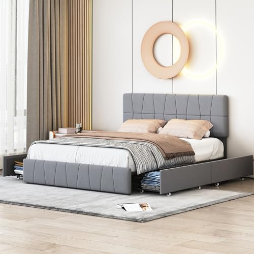 DAHUEN Schubladenbett 140 x 200 cm, Bett 140 x 200 cm mit Lattenrost und 4 integrierten Schubladen, Doppelbett mit Stauraum, Polsterbetten mit Bettgestell für Erwachsene und Jugendliche (140 x 200 cm)