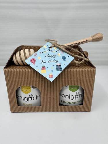 Honig Geschenkset Happy Birthday mit Honiglöffel aus Buchenholz und Grußkarte - 2 verschiedene Gläser Honig - 100% Deutscher Honig Honigprinz Familien-Imkerei