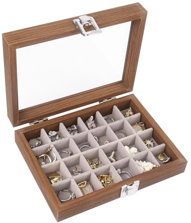 Nideen 24-Grid Earring Storage Organiser Wooden Jewellery Storage Box Elegant Wooden Jewellery Box for Women(Dark Brown)