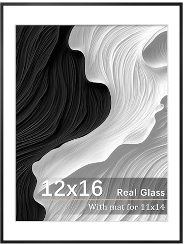 Tinkeps 12x16 Metal Picture Frame-Tempered Real Glass, Aluminum 11x14 Picture frame with Mat - Black Backpanel, Wall Hanging Photo Frame for Home Décor, Black