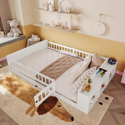 PUGSDRLY Lit Enfant au Sol 140x190cm avec Barriere,Lit Montessori avec Rangement Ouvert,Sommier à Lattes,Cadre en Bois de pin pour Enfant,sans Matelas (140x190)