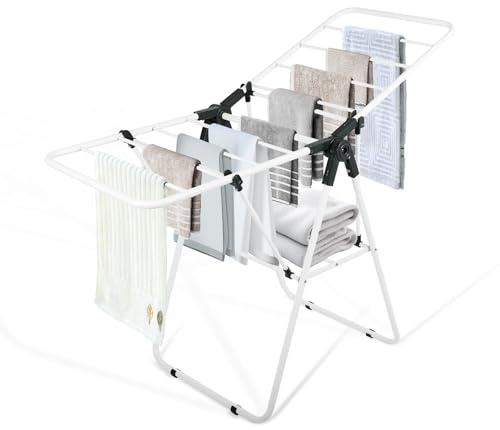 KeingGcopr Clothes Drying Rack, Metal Foldable Laundry Drying Rack, with Adjustable Height Levels Wings, Space Saving, Indoor Outdoor Use, White Free-Standing Airer