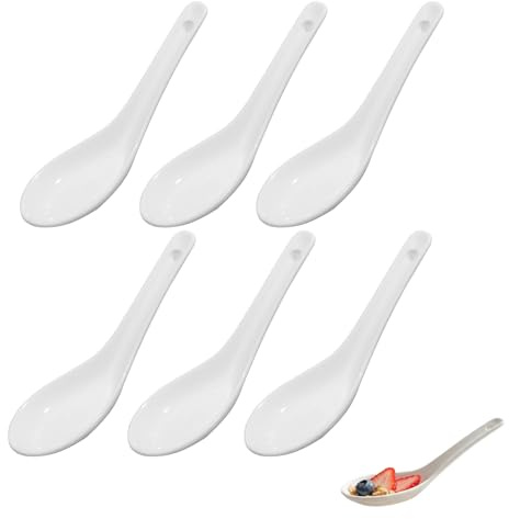 6 x Asiatische Suppenlöffel, Reislöffel aus hochwertigem weißem Porzellan, elegante Servierlöffel für Reisschalen, Ramen, Vorspeisen, Desserts und Dim-Sum, Porzellanlöffel-Set (6 Stück, Weiß)