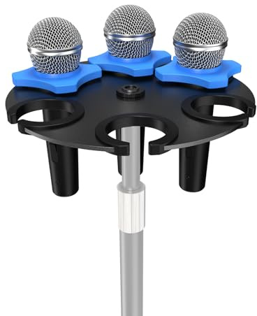 Etour Multi-Mikrofonhalter，Aufbewahrungs-Organizer für mehrere dynamische,r, Sockel aus Legierung, Schaumstoffpolsterung und Anti-Roll-Ring, kompatibel mit Stativen mit 5/8“, 3/8“ und 1/4 Gewinde