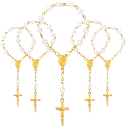 LEMESO 20 Piezas Recuerdos para Bautismo Comunión Rosario con Cruz Decorativo, Regalos Bautizo para Invitados, Detalles de Boda y Baby Shower, Dorado