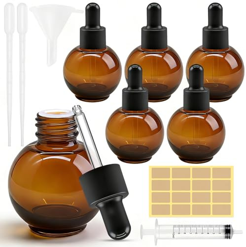 Maxumille 6 Stk Braunglas Pipettenflasche 30ml mit 5 Zubehören für Tinktur | Fläschchen mit Pipette, Anti-UV Tropfflasche, Braunglasflasche mit Dropper für Ätherische Öl, Kugelförmige Apothekerflasche