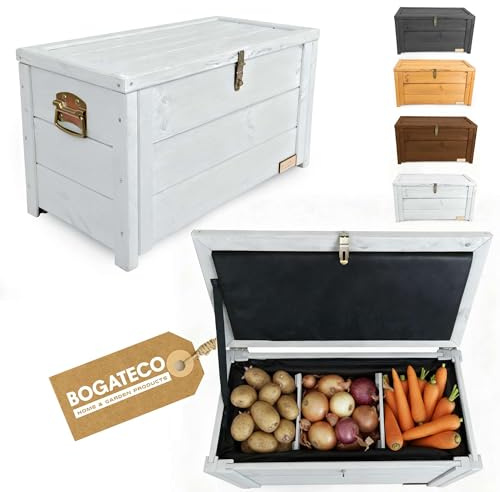 BOGATECO Gartenbox Holzkiste mit Deckel | Thermobehälter | Isoliert Kaste zur Aufbewahrung von Obst und Gemüse 55L | Verstellbare Fächer 79x46x39cm