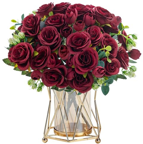 2 Bunches Rose Artificial Flowers Red Fake Roses Bouquet Valentine's Day Artificial Rose Flowers Bouquet Faux Rose Bridal Bouquets for Wedding Party Home Table Decoration Centerpieces (2, Red)