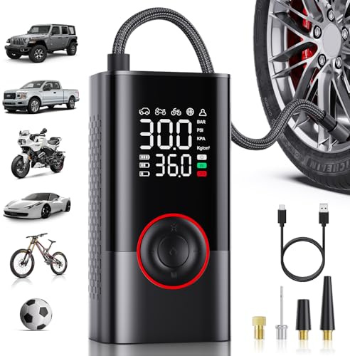 Motorenbau Tyre Inflator Air Compressor 150PSI Portable Cordless Tyre Pump | 3X Fast Inflation with Digital Pressure Gauge & LED Light, Auto Shutoff, 5 Valves for Car Bike Motorcycle Ball