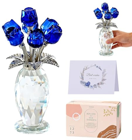 Sparkling Blue Glass Rose Figurine with Vase Elegant Home Decor Gifts | Crystal Cut Flower Bouquet Ornament with Greeting Card and Box for Mom Wife Girlfriend Sisters Friend on Birthday Anniversary