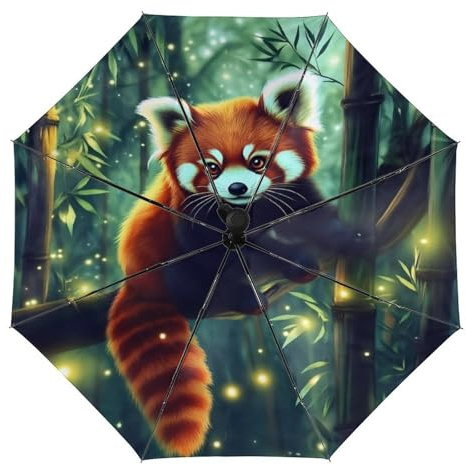 Anceky Ombrello pieghevole automatico Red Panda Bamboo-1, antivento, resistente, con protezione UV, compatto, antipioggia, da viaggio, per donne e uomini