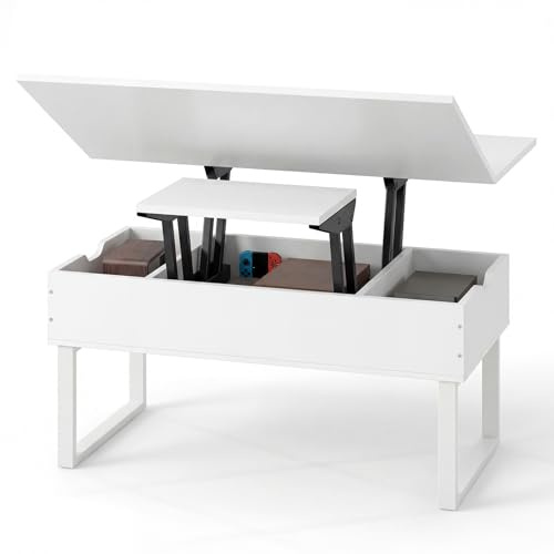 COSTWAY Lift Up Top Coffee Table, 3-in-1 Convertible Wooden Cocktail Center Table with 3 Hidden Storage Compartments, Rectangle Accent Sofa Side Dining Table for Living Room Office Small Space (White)
