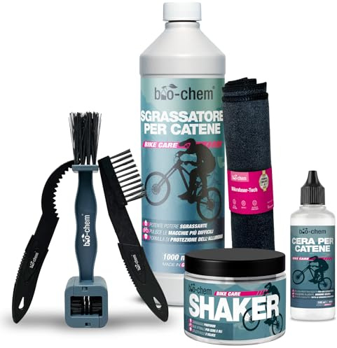 Bio-Chem Vaxsystem för 7-produktkedjor – MTB-avfettningsmedel 1 L – flytande vax för cykelkedja 100 ml – tillbehör till cykelshaker + mikrofiberduk + set 3 rengöringsborstar