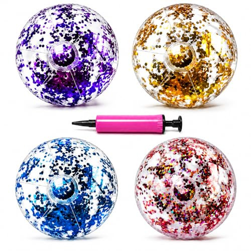 GUHIRALONA Wasserball Aufblasbar 5 Stück, Strandball Jugendliche mit Glitzerdesign, Aufblasbarer Wasserball für Pool Strand Garten Wasserspiele, Set mit 4 Bällen und 1 Pumpe