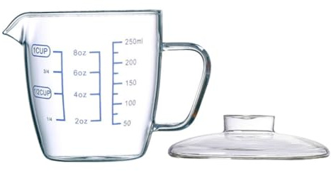 Veemoon Tazza in Vetro Resistente al Calore Bordi Lisci 250ml con Coperchio e Scala Graduata per Colazione, Bevande come Latte e Succhi, per Banchetti e Feste