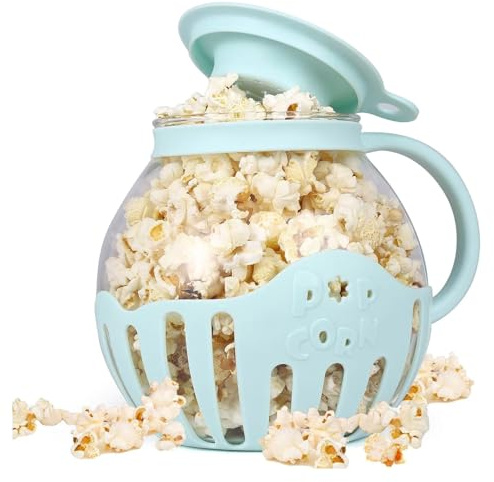 Culnflun Popper à pop-corn en verre pour micro-ondes, pot à pop-corn en borosilicate de 2,13 L avec couvercle pour fête de jeu de film à domicile (Blue)