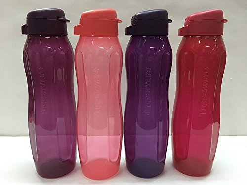 Tupperware 1L Aqua Round Slim Flip top water bottles - 1000 ML - Set of 4