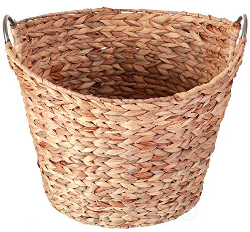 Vintiquewise Grand panier à linge rond en jacinthe d'eau en osier avec poignées en métal Marron