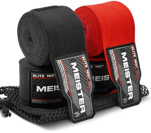 Meister Elite 457 cm premium vuxenhandomslag för MMA och boxning - 2 par paket med nätväska - svart/blodröd